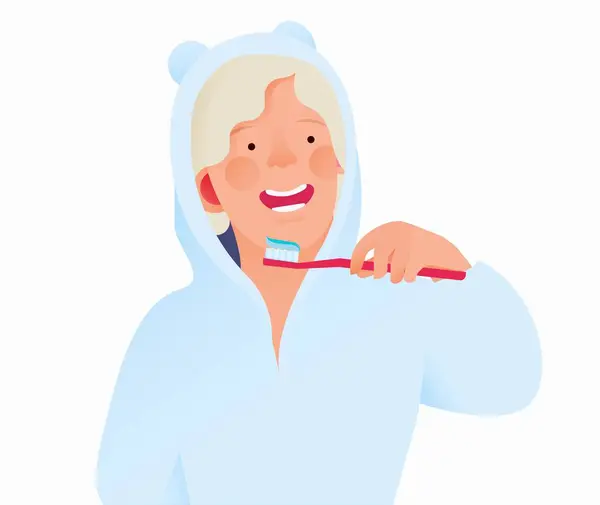 Stock vector Cropped Happy Smiling Child Brush Teeth Holding Brush with Toothpaste in Bathrobe with Ears. Modern Flat Vector Illustration.