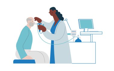 Tıbbi Ofiste veya Laboratuvarda Hasta Üzerine Spirometri Yapan Koyu Cilt Tonu Uzmanı. Modern Düz Vektör Tasviri. Solunum Hastalıkları.