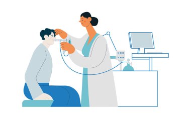 Tıbbi Uzman, Tıbbi Ofiste veya Laboratuvarda Hastaya Spirometri uyguluyor. Modern Düz Vektör Tasviri. Solunum Hastalıkları. 