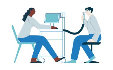 Spirometri. Akciğer fonksiyon testi. Modern Düz Vektör İllüstrasyonu. Erkek Hasta Koyu Cilt Uzmanı Laboratuvarda veya Ofiste Spirometri Çalışıyor. 