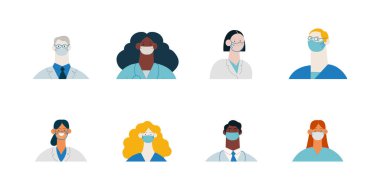 Maskeler konusunda uzmanlar. Sağlık sigortası. Modern Düz Vektör Tasviri. Doktorlar ve Hemşireler Portreleri, Doktorlar Takımı.