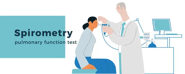 stock vector Medical Specialist Performing Spirometry on Patient in Medical Office or Laboratory. Modern Flat Vector Concept Illustration. Respiratory Diseases. Website Banner Template.