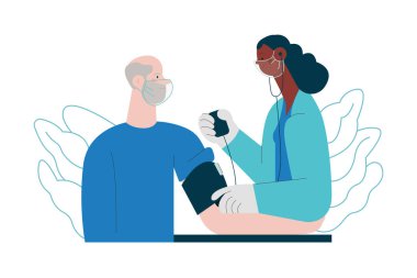 Kan basıncı ölçüm makinesi olan kadın doktor ve erkek hasta klinikte ya da laboratuarda. Kan basıncı prosedürü. Modern Düz Vektör Tasviri. 