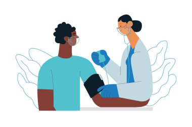 Kan basıncı ölçüm makinesi olan kadın doktor ve erkek hasta klinikte ya da laboratuarda. Kan basıncı prosedürü. Modern Düz Vektör Tasviri. 