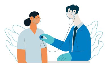 Kardiyak Auscultation. Kadın Hasta ve Erkek Doktor Tıbbi Ofiste veya Laboratuvarda Prosedür Çalıştırıyor. Stetoskop muayene prosedürü. Modern Düz Vektör Tasviri.