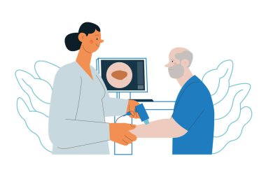 Dermatoskopi. Cilt kanseri taraması. Tıbbi teçhizat. Laboratuvarda doğum lekeleri üzerine tıbbi uzman taraması yapan hasta. Modern Düz Vektör İllüstrasyonu. 