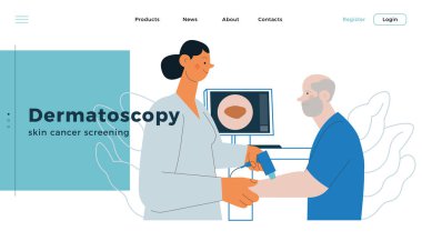 Dermatoskopi. Cilt kanseri taraması. Tıbbi teçhizat. Laboratuvarda doğum lekeleri üzerine tıbbi uzman taraması yapan hasta. Modern Düz Vektör İllüstrasyonu. İniş Sayfası Tasarım Şablonu. Web Sitesi Afişi.