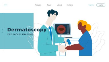 Dermatoskopi. Cilt kanseri taraması. Tıbbi teçhizat. Laboratuvarda doğum lekeleri üzerine tıbbi uzman taraması yapan hasta. Modern Düz Vektör İllüstrasyonu. İniş Sayfası Tasarım Şablonu. Web Sitesi Afişi.