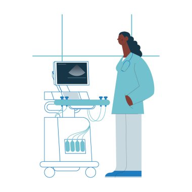 Ultrasonografi tarayıcısı. Tıbbi Ofiste ya da Laboratuvarda Tarayıcı yakınında duran kadın tıp uzmanı. Tıbbi teçhizat. Modern Düz Vektör Tasviri.