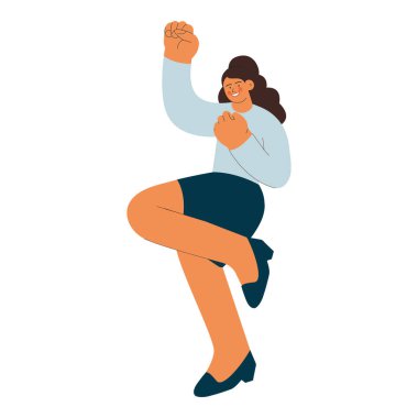 Beyaz arka planda izole edilmiş mutlu bir çalışan kadın. Modern düz vektör çizimi. Sosyal medya kavramı.