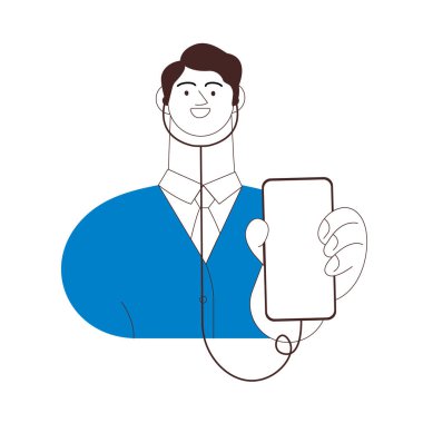 Stethoscope Hold Smartphone 'da tıp uzmanıyım. Siyah ve Beyaz Modern Düz Vektör İllüstrasyonu. Online Danışmanlık. 