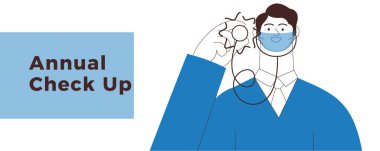 Koruyucu Yüz Maskesi Stetoskop Uzmanı. Siyah ve Beyaz Modern Düz Vektör İllüstrasyonu. Sağlık Sigortası Web Sitesi Afişi. Sosyal Ortam Şablonu.