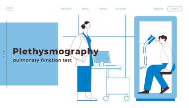 Kadın Tıbbi Uzman ve Erkek Hasta, Tıbbi Ofis veya Laboratuvarda Tüm Vücut Pletismografisi Yapıyor. Siyah ve beyaz modern düz vektör çizimi. Web Sitesi Afişi, İniş Sayfası Şablonu.