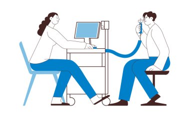 Spirometri. Akciğer fonksiyon testi. Erkek Hasta Uzmanı Laboratuvarda veya Ofiste Spirometri Çalıştırıyor. Siyah ve Beyaz Modern Düz Vektör İllüstrasyonu.  