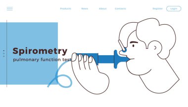 Erkek Akciğer Fonksiyon Testi yapar. Siyah ve Beyaz Modern Düz Vektör İllüstrasyonu. Hasta üzerinde akciğer fonksiyon testi. Web Sitesi Afişi, İniş Sayfası Şablonu.