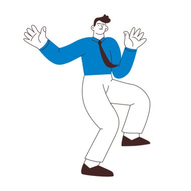 Beyaz arka planda neşeli bir şekilde izole edilmiş bir şekilde havaya atlayan mutlu bir çalışan. Siyah ve beyaz modern düz vektör çizimi. Sosyal medya kavramı.