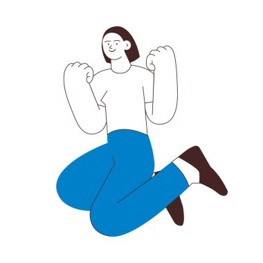 Beyaz arka planda neşeli bir şekilde izole edilmiş bir şekilde havaya atlayan mutlu iş kadını. Siyah ve beyaz modern düz vektör çizimi. Sosyal medya kavramı.