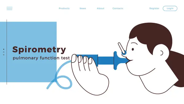 Stock vector Female Performs Pulmonary Function Test. Black and White Modern Flat Vector Illustration. Lung Function Test on Patient. Website Banner, Landing Page Design Template.