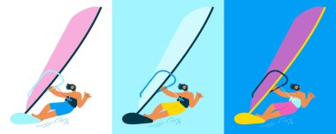 Yelkenli üzerinde duran mutlu erkek rüzgar sörfü. Açık hava su sporları aktiviteleri. Renk setleri. Modern düz vektör illüstrasyonu.