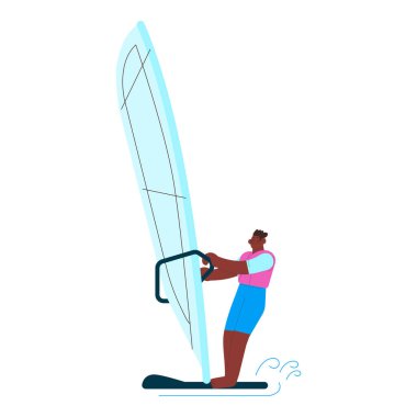 Yelkenli üzerinde duran mutlu erkek rüzgar sörfü. Açık hava su sporları aktiviteleri. Modern düz vektör illüstrasyonu.