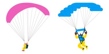 Hava dalışı koleksiyonu. Neşeli uçan kadınlar ve erkekler, tek başına paraşütle atlama, paraşütler. Olağanüstü spor aktiviteleri. Modern düz vektör illüstrasyonu.