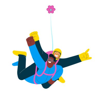 Cheerful flying males perform tandem skydiving jump, male perform superman pose. Extreme sport activities. Modern flat vector illustration. clipart