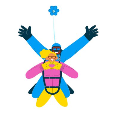 Cheerful flying female show heart sign gesture and male, perform tandem skydiving jump. Extreme sport activities. Modern flat vector illustration. clipart