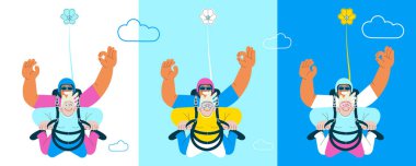 Cheerful flying senior female and male show o'kay sign gesture, perform tandem skydiving jump. Extreme sport activities. Modern flat vector illustration. clipart