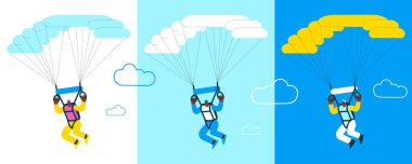 Cheerful flying male perform solo skydiving jump with parachute. Extreme sport activities. Modern flat vector illustration. clipart