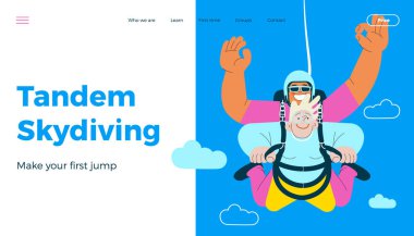 Cheerful flying senior female and male show o'kay sign gesture, perform tandem skydiving jump. Extreme sport activities. Modern flat vector illustration. Tandem skydiving. Landing page and website banner template. clipart