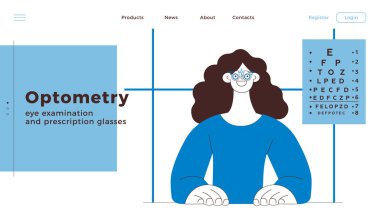 Optometri. Göz Testi ve Reçeteli Gözlük. Kadın Hasta Tıbbi Ofiste Ayarlanabilir Optik Deneme Lensleri Giyiyor. Siyah ve Beyaz Modern Düz Vektör İllüstrasyonu. İniş Sayfası Tasarım Şablonu. Web Sitesi Afişi.