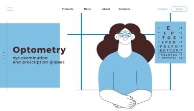 Optometri. Göz Testi ve Reçeteli Gözlük. Kadın Hasta Tıbbi Ofiste Ayarlanabilir Optik Deneme Lensleri Giyiyor. Siyah ve Beyaz Modern Düz Vektör İllüstrasyonu. İniş Sayfası Tasarım Şablonu. Web Sitesi Afişi.