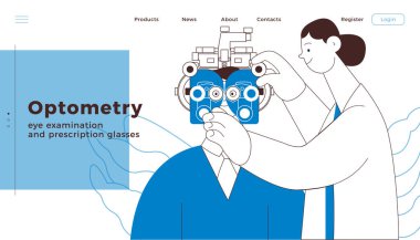 Optometri. Göz Testi ve Reçeteli Gözlük. Tıbbi Uzman ve Hasta Soyut Geçmişi Elle Görme Testi ile Göz Testi Yapıyor. Siyah ve Beyaz Modern Düz Vektör İllüstrasyonu. İniş Sayfası Tasarım Şablonu. Web Sitesi Afişi.