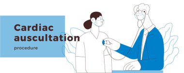 Kardiyak Auscultation. Kadın Hasta ve Erkek Doktor Tıbbi Ofiste veya Laboratuvarda Prosedür Çalıştırıyor. Stetoskop muayene prosedürü. Siyah ve Beyaz Modern Düz Vektör İllüstrasyonu. İniş Sayfası Tasarım Şablonu. Web Sitesi Afişi.