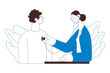 Kardiyak Auscultation. Erkek Hasta ve Kadın Doktor Tıbbi Ofiste veya Laboratuvarda Prosedür Çalıştırıyor. Stetoskop muayene prosedürü. Siyah ve Beyaz Modern Düz Vektör İllüstrasyonu. İniş Sayfası Tasarım Şablonu. Web Sitesi Afişi.