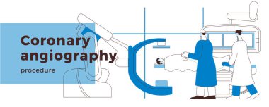 Coronary Angiography Procedure. Medical Equipment. Doctor and Nurse Perform Cardiac Catheterization on Patient in Laboratory. Black and White Modern Flat Vector Illustration. Landing Page Design Template. Website Banner. clipart