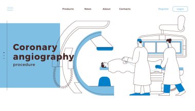 Coronary Angiography Procedure. Medical Equipment. Doctor and Nurse Perform Cardiac Catheterization on Patient in Laboratory. Black and White Modern Flat Vector Illustration. Landing Page Design Template. Website Banner. clipart