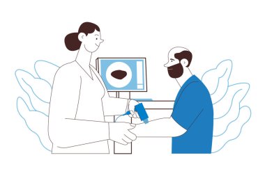 Dermatoskopi. Cilt kanseri taraması. Tıbbi teçhizat. Laboratuvarda doğum lekeleri üzerine tıbbi uzman taraması yapan hasta. Siyah ve Beyaz Modern Düz Vektör İllüstrasyonu. 