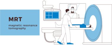 Manyetik Rezonans Tomografisi. MRI prosedürü. Tarayıcı 'daki hasta, hemşire, Laboratuvar' daki tıp uzmanı. Tıbbi teçhizat. Siyah ve Beyaz Modern Düz Vektör İllüstrasyonu. İniş Sayfası Tasarım Şablonu.