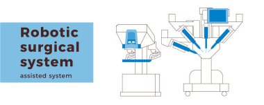 Robot Cerrahi Destek Sistemi. Tıbbi teçhizat. Siyah ve Beyaz Modern Düz Vektör İllüstrasyonu. İniş Sayfası Tasarım Şablonu. Web Sitesi Afişi.