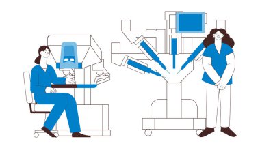 Robot Cerrahi Destek Sistemi. Tıbbi teçhizat. Kadın Tıp Uzmanı ve Hemşire. Siyah ve Beyaz Modern Düz Vektör İllüstrasyonu. İniş Sayfası Tasarım Şablonu. Web Sitesi Afişi.