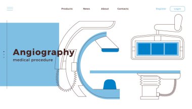 Anjiyografi prosedürü. Tıbbi teçhizat. Siyah ve Beyaz Modern Düz Vektör İllüstrasyonu. İniş Sayfası Tasarım Şablonu. Web Sitesi Afişi.