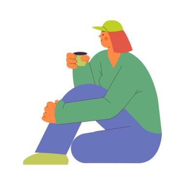 Neşeli dişi sakince oturur ve içkisinin tadını çıkarır. Yürüyüşe ara verdim. Açık hava macerası, aktif turist, yürüyüş ve sırt çantası. Modern vektör illüstrasyonu.