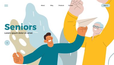 Çocuklu neşeli bir son sınıf öğrencisi. Soyut arka planda kağıt uçakla büyük anne ve büyük baba oynuyor. Modern düz vektör çizimi. Son sınıflar. İniş sayfası ve web sitesi afişi şablonu.