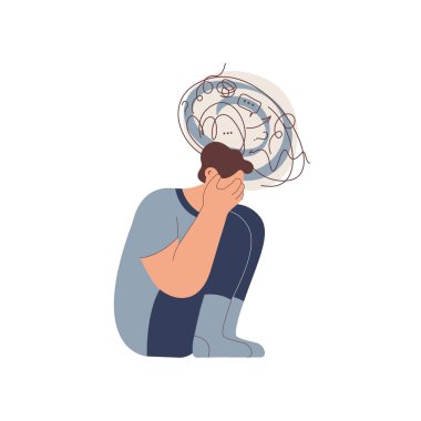 Zihinsel bozukluklar illüstrasyonu. Sinir sorunu olan hayal kırıklığına uğramış bir adam endişe ve kafa karışıklığı hisseder. Avuç içleri umutsuzca kapanır. Vektör düz resimleme