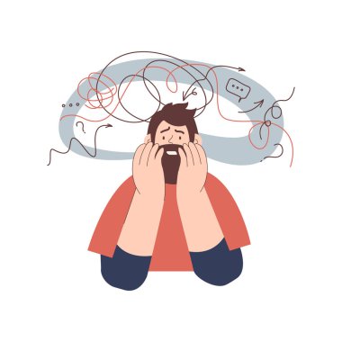 Zihinsel bozukluklar illüstrasyonu. Sinir sorunu olan hayal kırıklığına uğramış bir adam endişe ve kafa karışıklığı hisseder. Düşüncelerle çevrili endişeye kapılmış bir erkek. Vektör düz resimleme