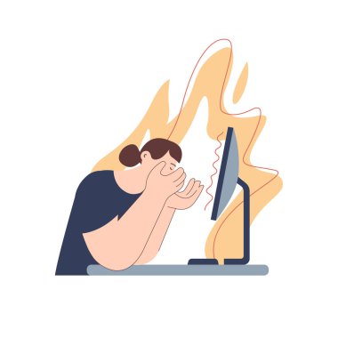 Profesyonel tükenme sendromu. Baskı altındaki kadın, ofis masası, arka planda yangın. Hüsrana uğramış işçiler, zihinsel sorunlar. Modern vektör düz resimleme