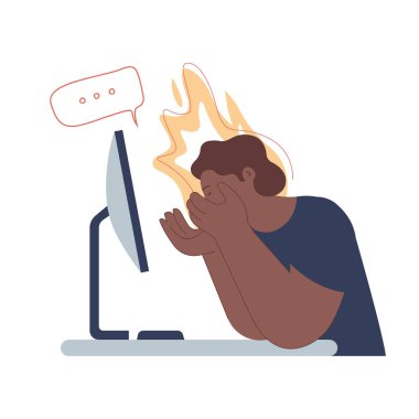 Profesyonel tükenme sendromu. Stres altındaki adam, ofis masası, konuşma balonu, arka planda yangın. Hüsrana uğramış işçiler, zihinsel sorunlar. Modern vektör düz resimleme