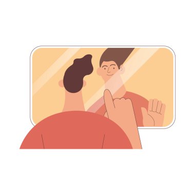 Self acceptance. Happy man pointing on himself in mirror reflection isolated on white background. Mental health. Modern flat vector illustration. clipart