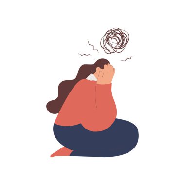 Kendinden şüphe et. Duygusal çöküntü, depresyon ve bitkin kız. Genç bir kadın yorgun hissediyor. Modern düz vektör illüstrasyonu